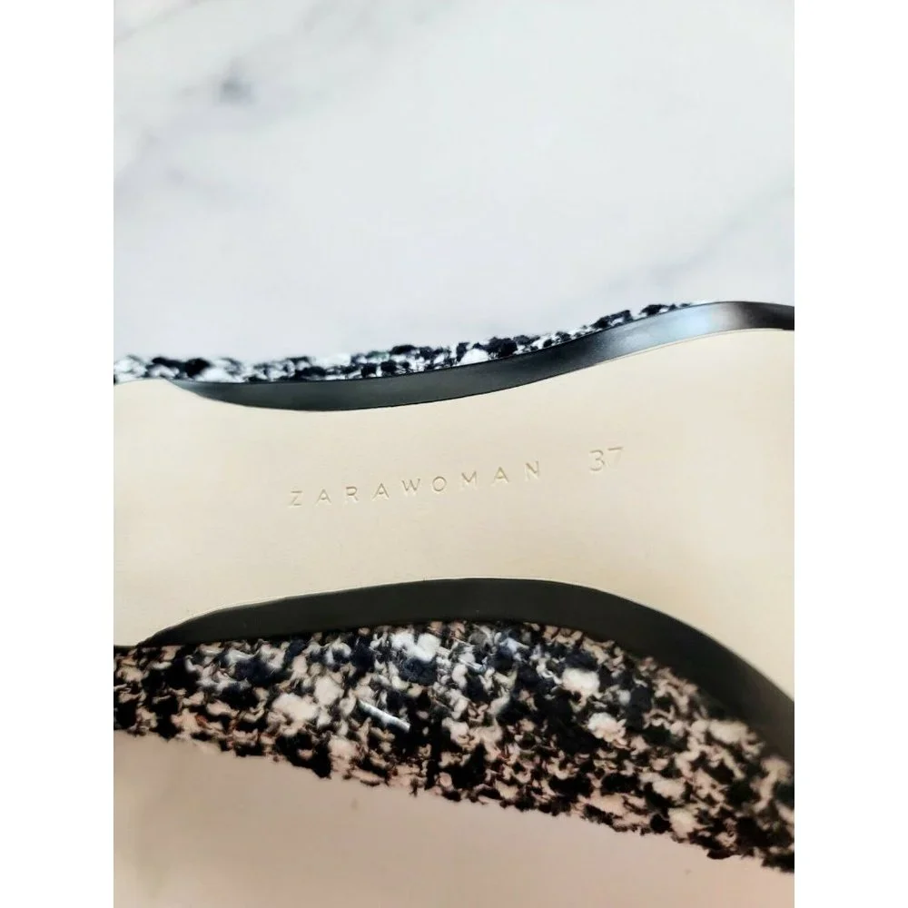 Zara Tweed Sequin Pointed Toe Black White Multicolor Slip On Shoes Heels 37 6.5_9